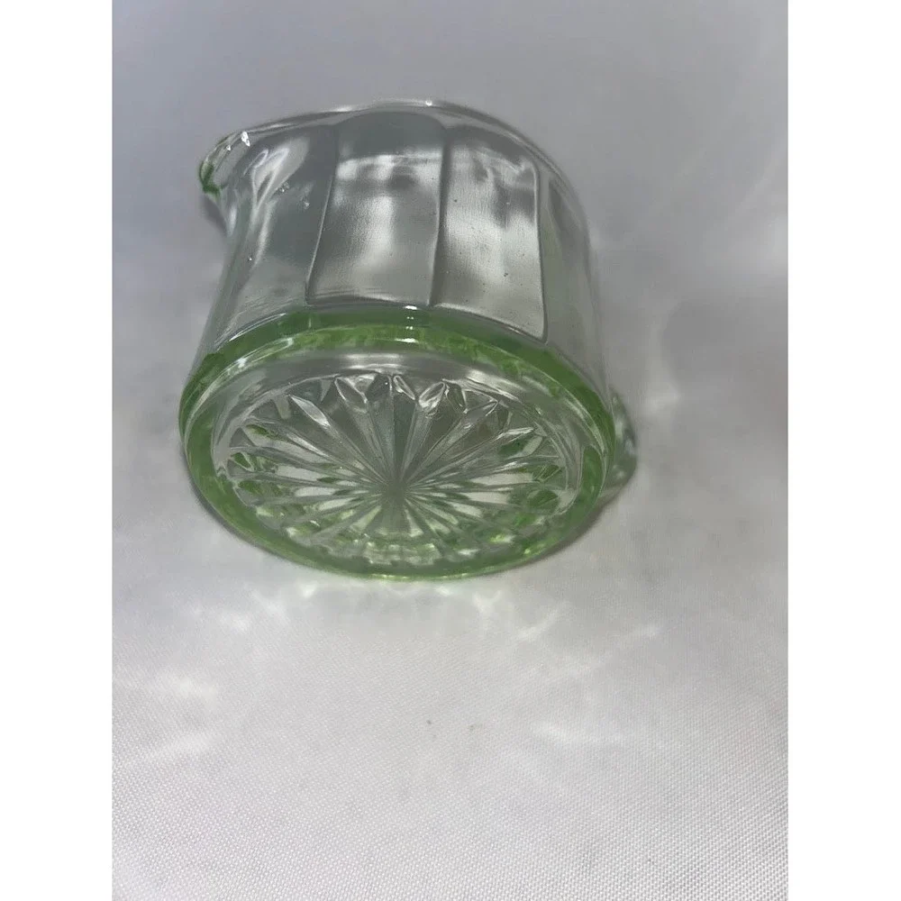 Vintage Uranium Glass Creamer and Sugar Bowl Set Paneled Starburst UV Reactive